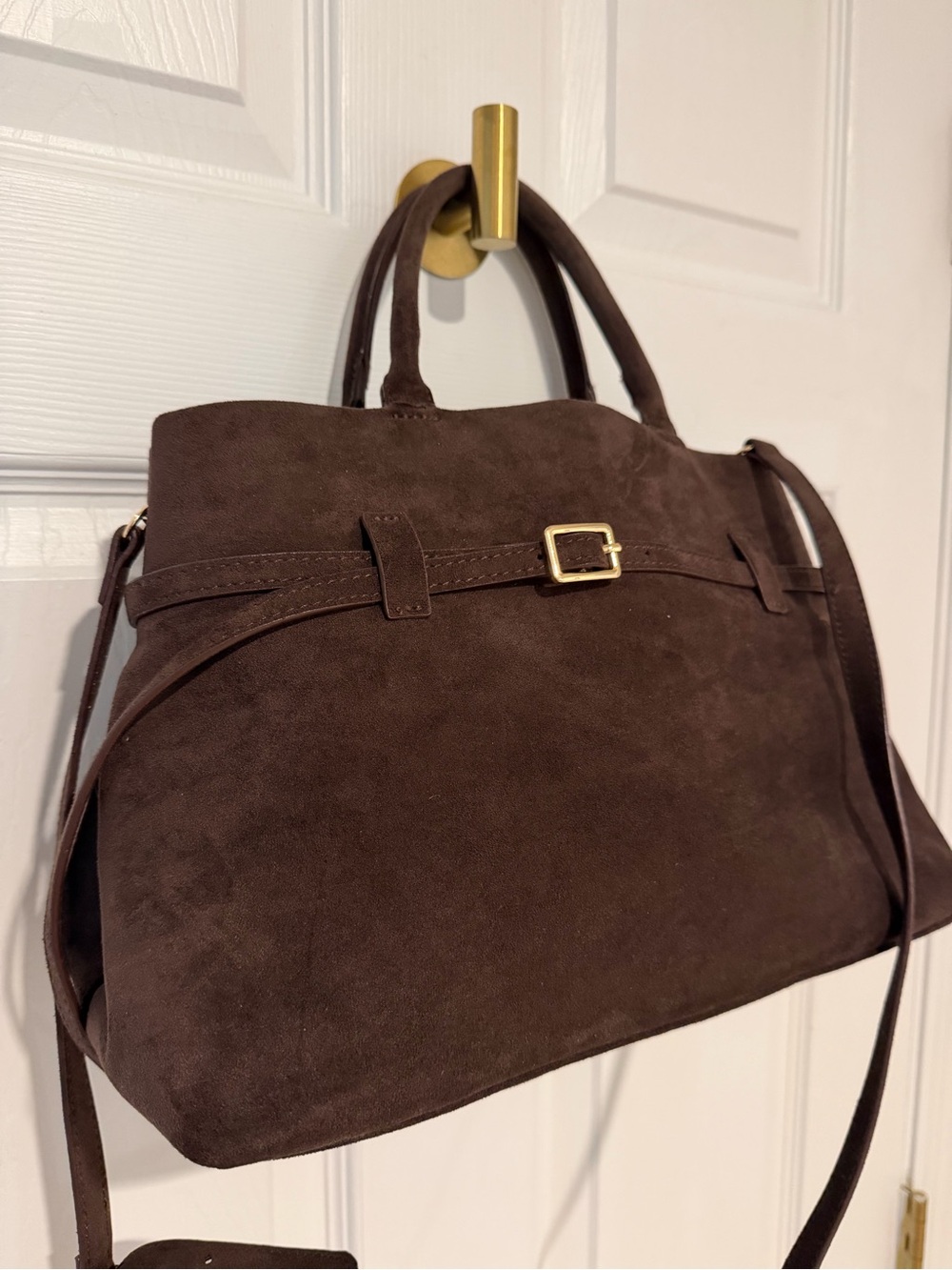 Anthropologie Chocolate Brown Suede Shoulder Bag with Gold Buckle